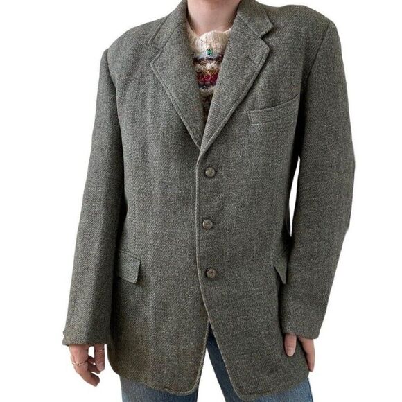 Vintage 1950s Harris Tweed Green Wool Scottish Dark Academia Blazer 40R - Picture 1 of 11